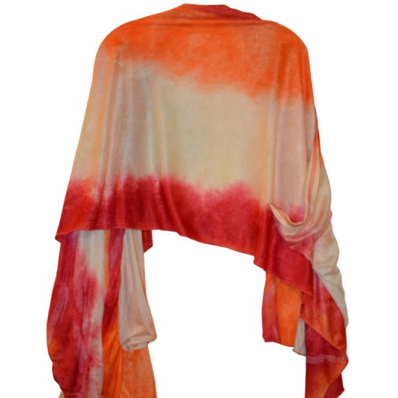 Shawl Scarf with Pouches Orange-Red-Yellow Wide White Prints Silky Wrap 70'x25' - Picture 6 of 13